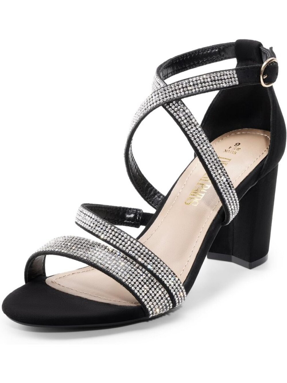 Women's Black Rhinestone Block Chunky Heels Sandals Open Toe Cross Straps Shoes
